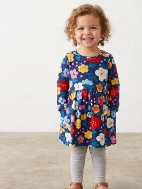 Hanna Andersson poplin Girls Floral Long Sleeve Dress US 4 100% Cotton Multicolo